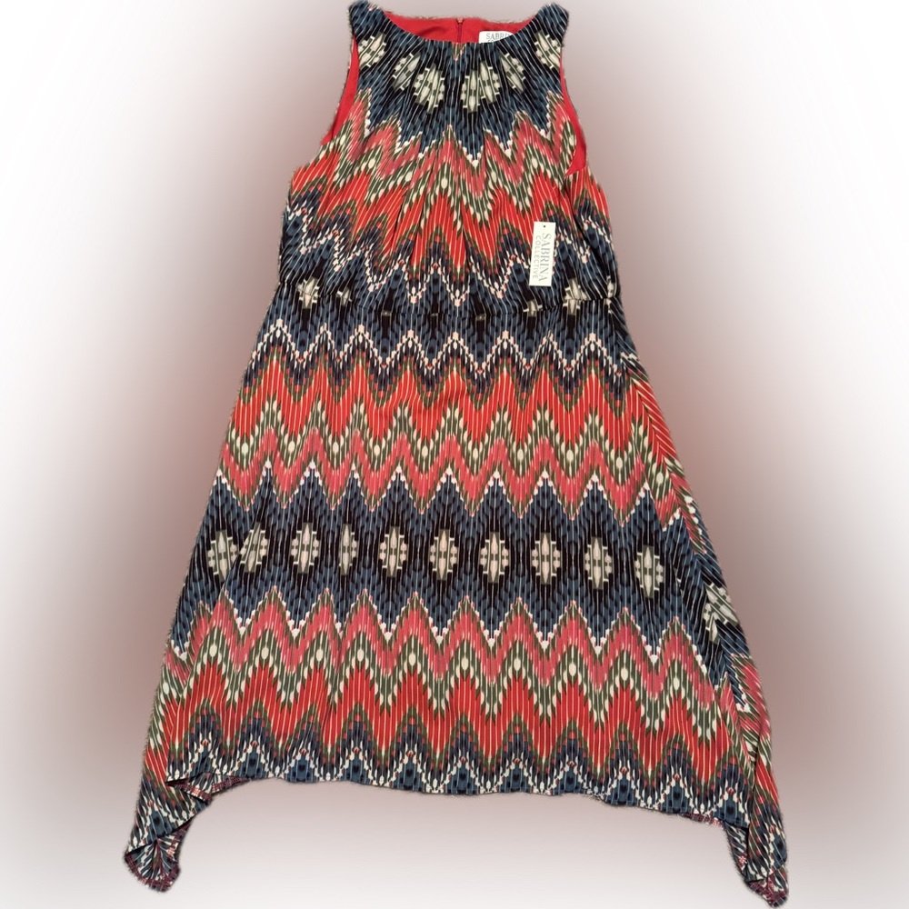 NWT Dia & Co Sabrina Collect Zigzag Stripe Midi Dress Red Blue Multi w/shark hem